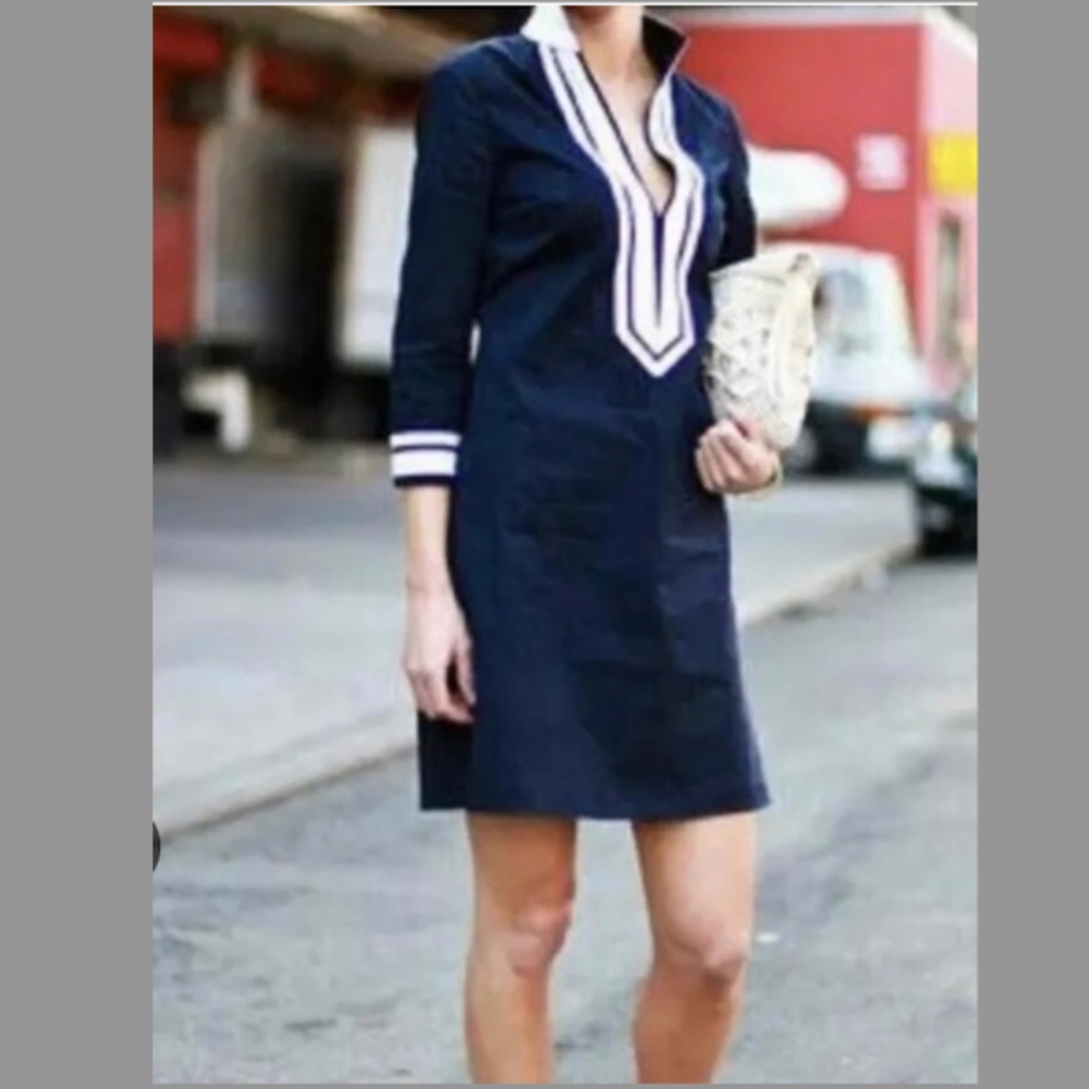 Tory Burch Cotton Tunic Dress in Navy with White Twill Trim, Size 4